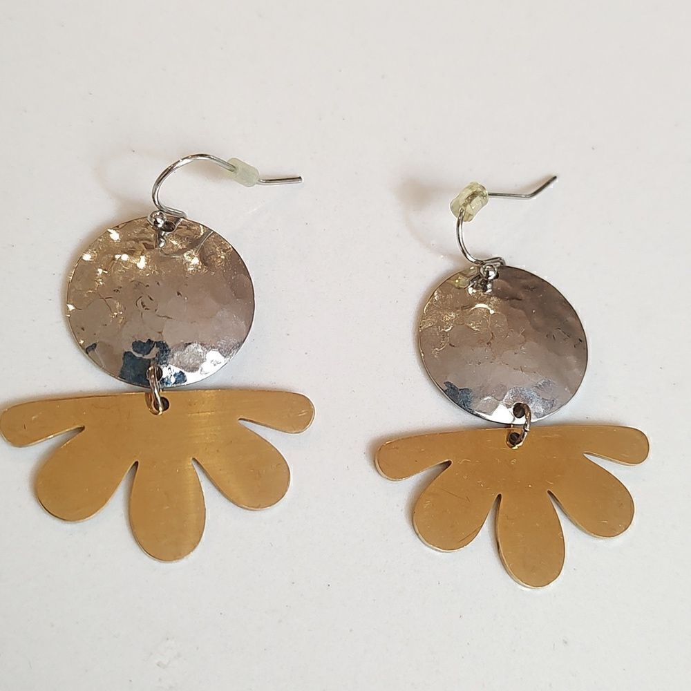 Hammered Silver Disc with Gold Daisy Petal Dangles French Wire Pierced Earrings